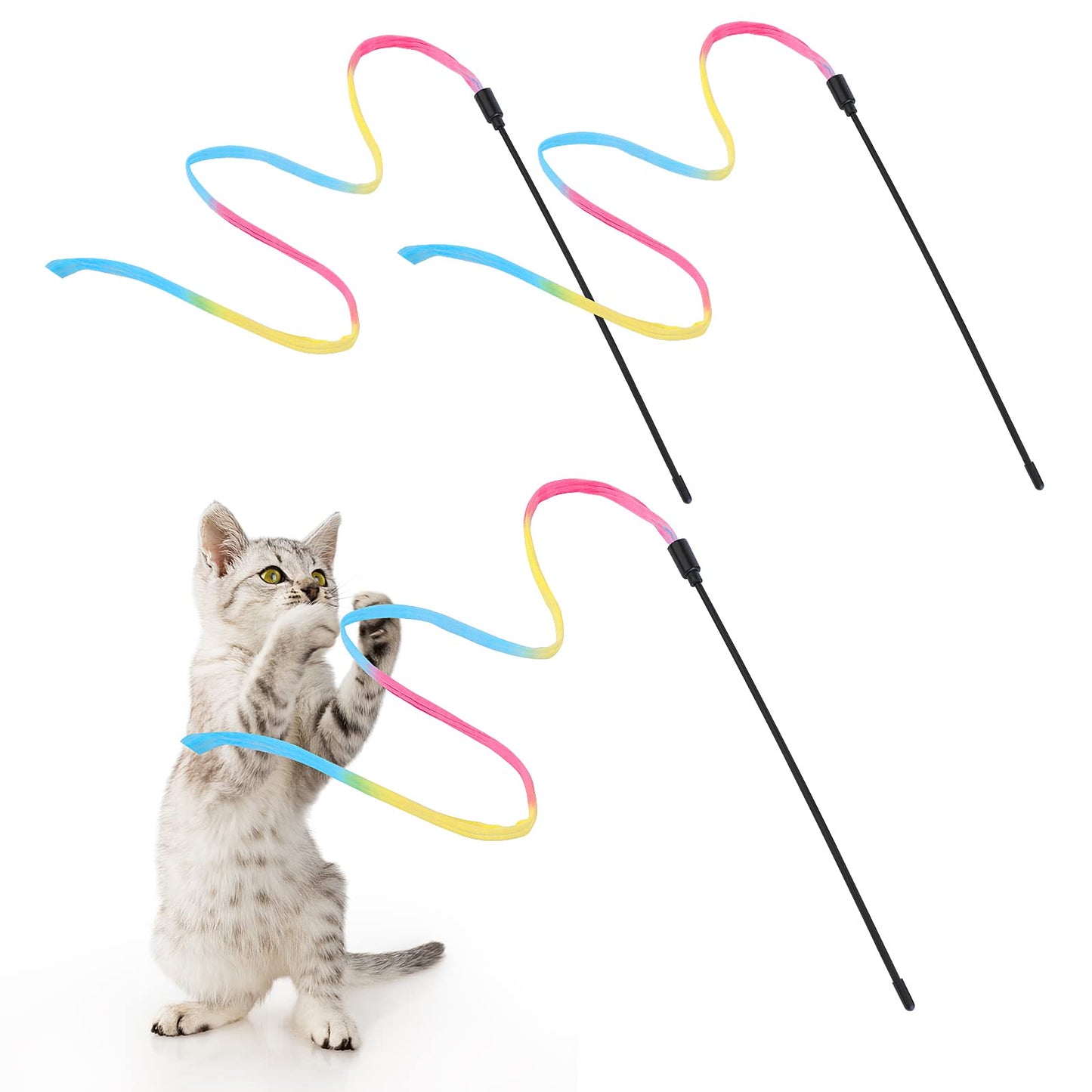 cobee Cat Interactive Wand, Cat Rainbow Wand Toys Cat Wand String Kitten Ribbon Stick Toy Ribbon for Cat Training Exerciser Playing Creative Funny Pet Interactive Toys (3 Pieces, 30cm)