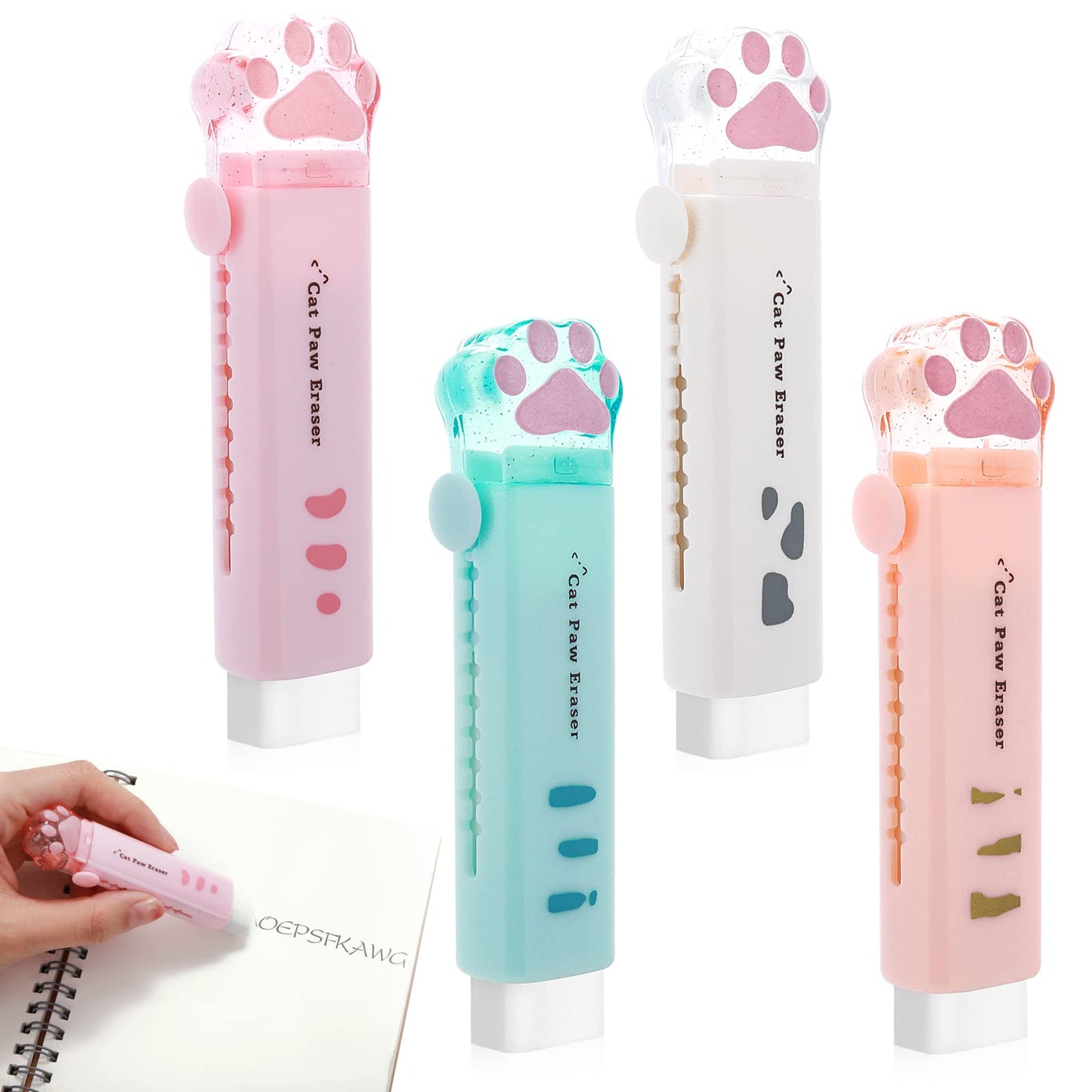 cobee Cute Cat Paw Erasers, 4 Pcs Cute Retractable Pencil Rubber Eraser, Kawaii Push-Pull Rubber Pencil Eraser, Creative Cat Paw Pen-Style Cartoon Erasers for Kids Writing Drawing, 4 Colors