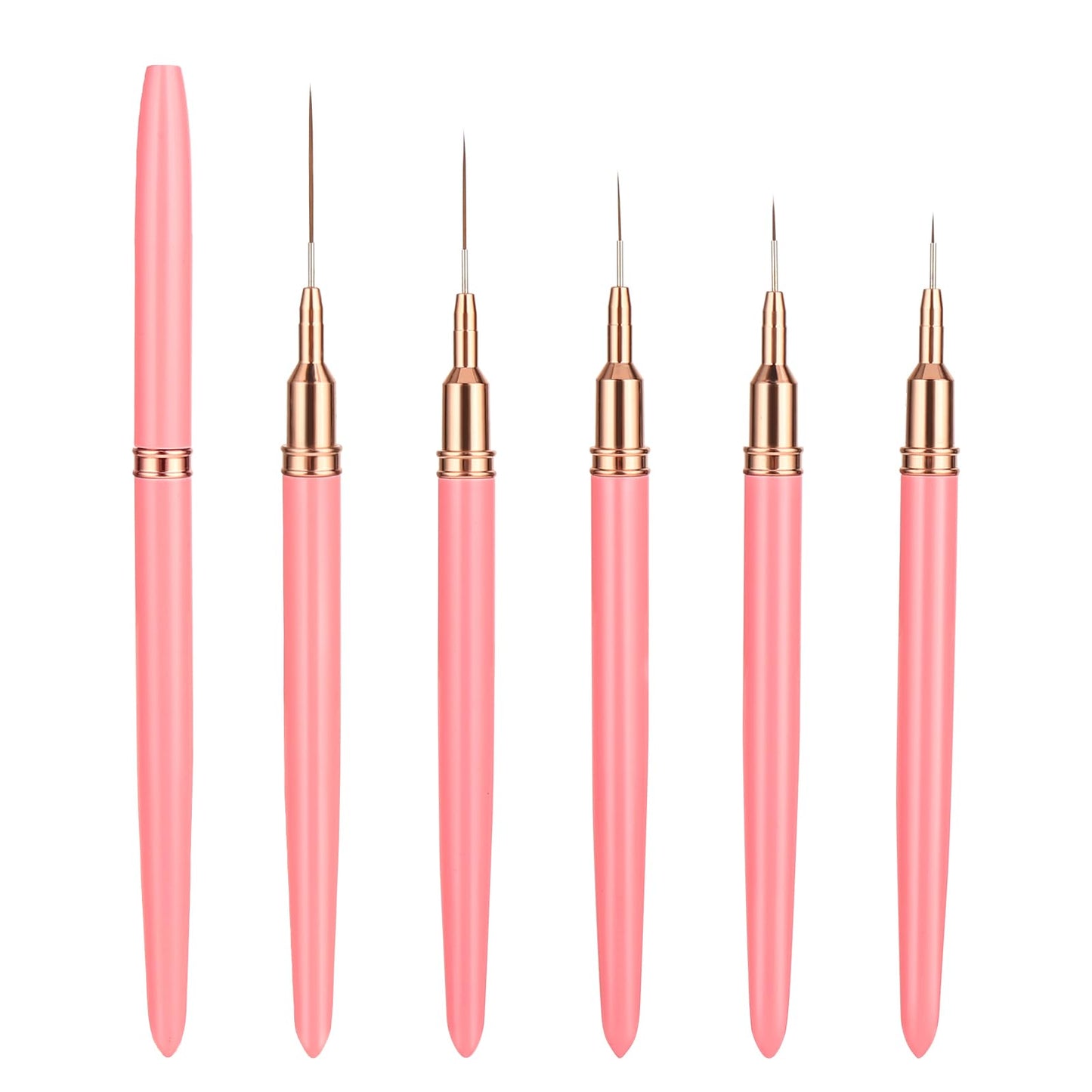 cobee Nail Art Liner Brushes, 5 Pack Thin Liner Brush Detail Design Pen Set Super Fine Striper Brush Kit Delicate Pink Metal Handle Nail Brushes for Nail Art Fine Designs-Sizes 5/8/12/20/25mm