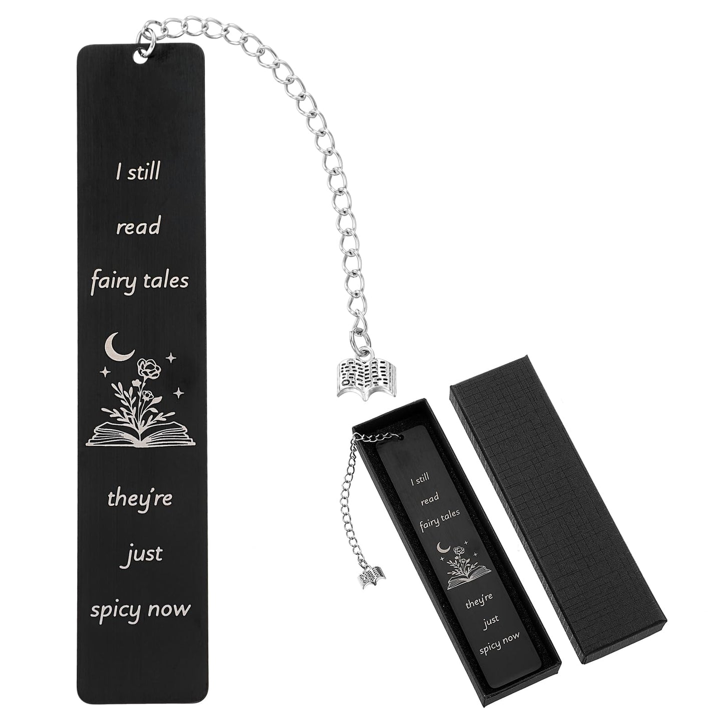 Yuanchu Funny Bookmark for Women, "I still read fairy tales" Stainless Steel Bookmark with Gift Box Tassel for Book Lovers Book Nerds Son Daughter Men Friend Teacher Bookworm(Black)
