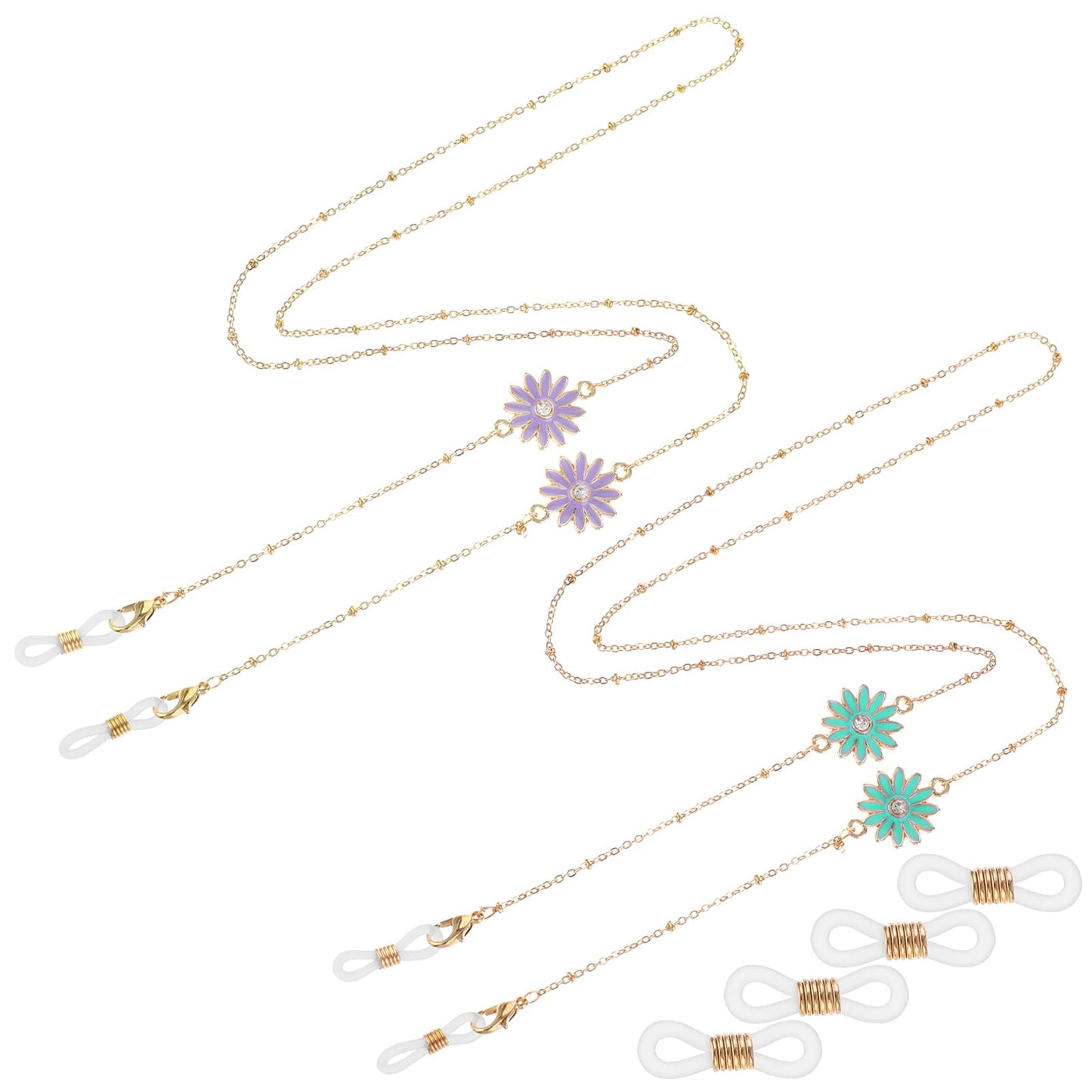GEEHUA 2 PCS Women Daisy Metal Glasses Chains, Cute Gold Cords Flower Eyeglass Necklace Eyewear Straps Sunglasses Lanyard(green and purple)