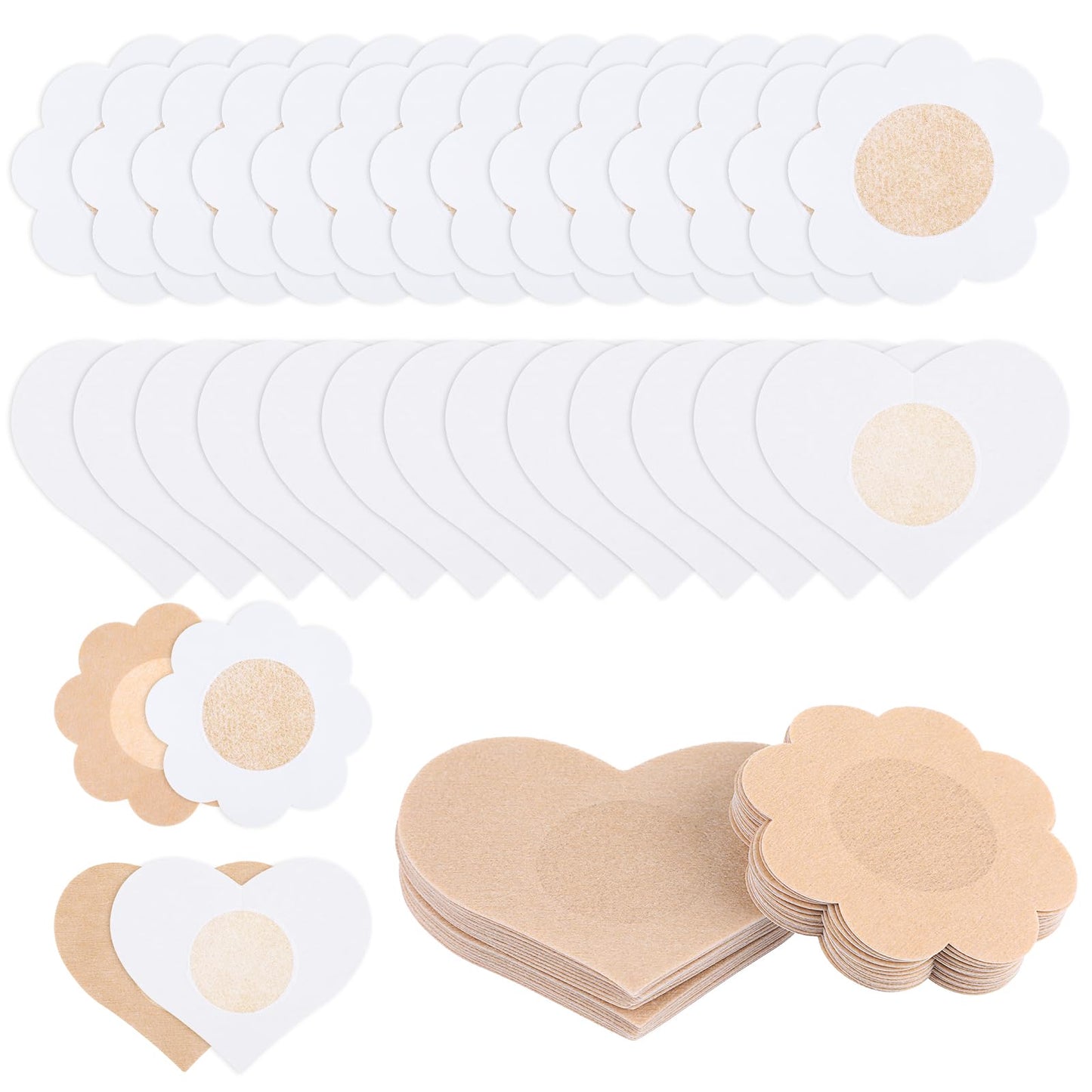 cobee 30 Pairs Nipple Covers, Disposable Non-woven Fabric Breast Covers Ultra Thin Self-adhesive Breast Pasties Waterproof Nipple Padding for Women Bra, 0.2mm, Nude Color(30pcs Heart + 30pcs Flower)