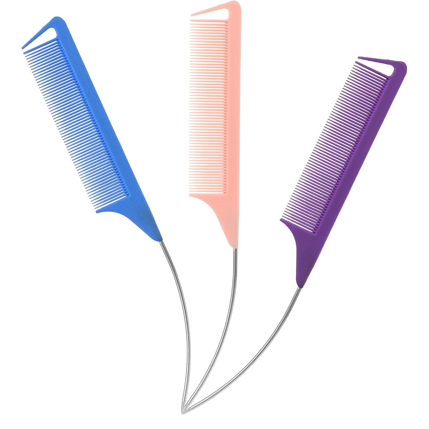 Giantree 3 Pcs Curved Rat Tail Combs, Rat Tail Parting Comb Carbon Fiber Long Steel Pin Teasing Rat Tail Comb for Hair Styling Hair Parting Tools for Women(Pink+Blue+Purple)
