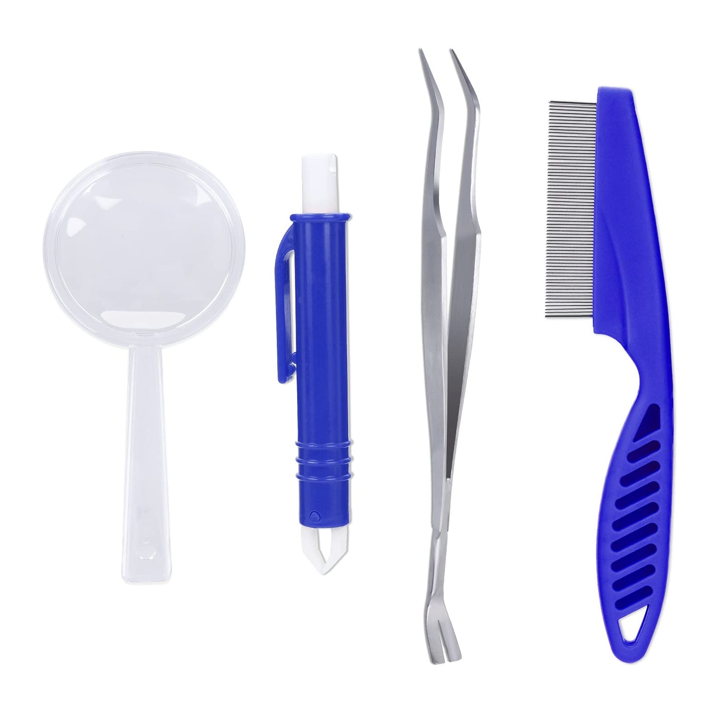 Molain 7 Pcs Dog Tick Remover Tools, 3 Plastic Hook+1 Plastic Tweezer+1 Stainless Steel Tweezer+1 Comb+1 Magnifier, Tick Remover Set for Dogs, Cats and Humans, Blue