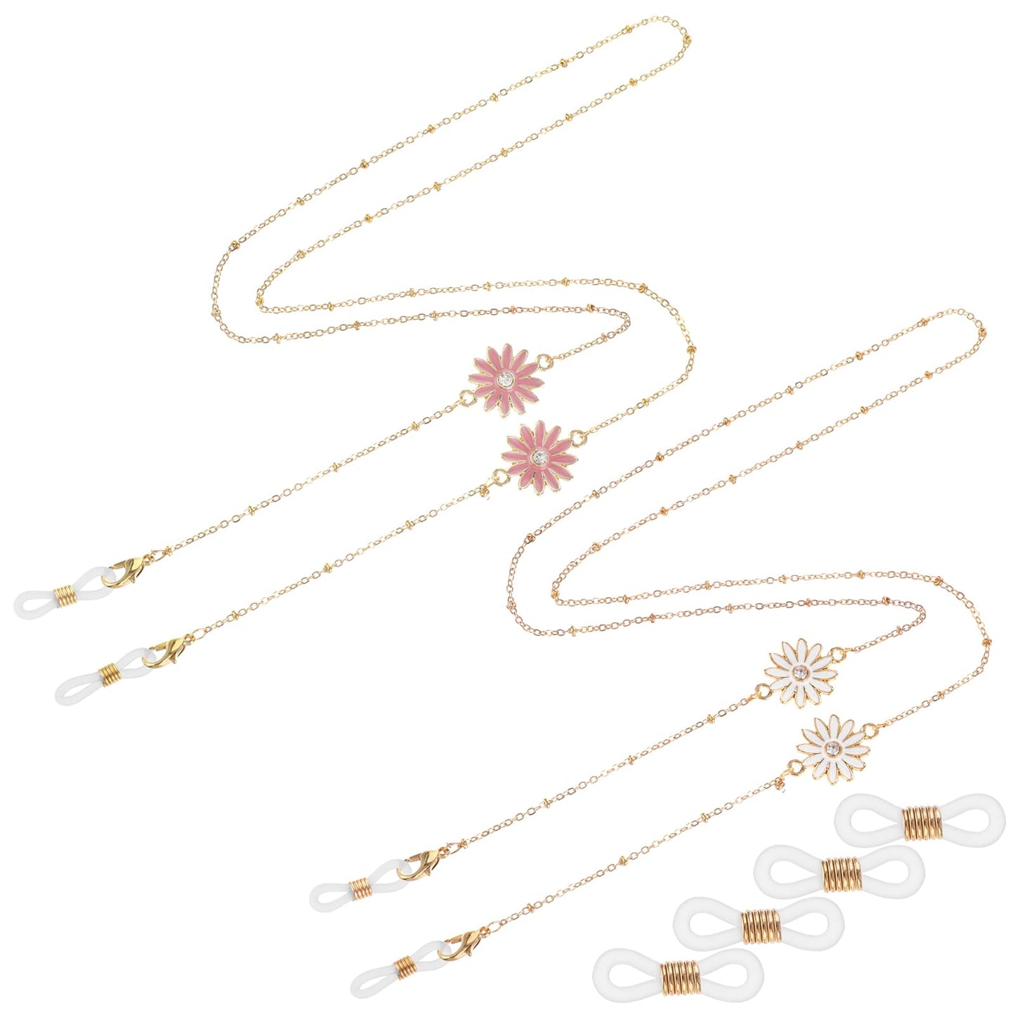 GEEHUA 2 PCS Women Daisy Metal Glasses Chains, Cute Gold Cords Flower Eyeglass Necklace Eyewear Straps Sunglasses Lanyard(pink and white)