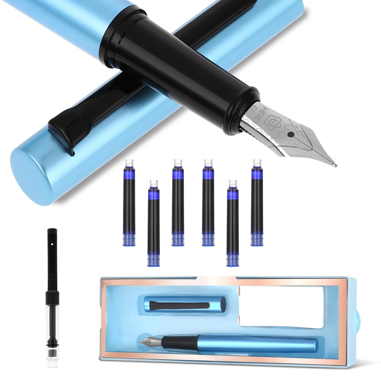 cobee Fountain Pen Set, Metal Fountain Pen+2 Ink Refill Converter+6 Ink Cartridges with Luxury Box 0.38mm Extra Fine Point Smooth Writing Calligraphy Pens for Journaling School Office Gift(Blue)