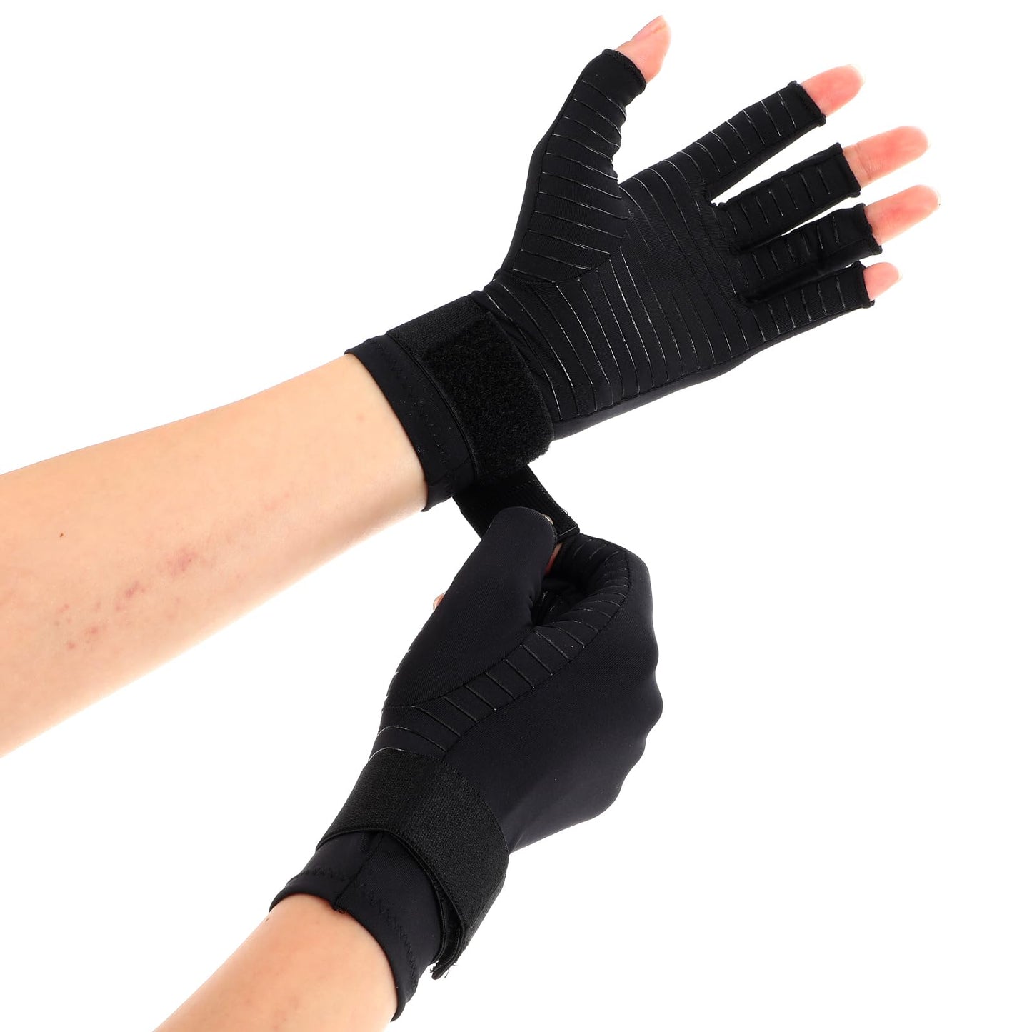 XLIUAX Copper Arthritis Compression Gloves with Wrist Strap, Fingerless Hand Compression Gloves for Women Men Carpal Tunnel(S)
