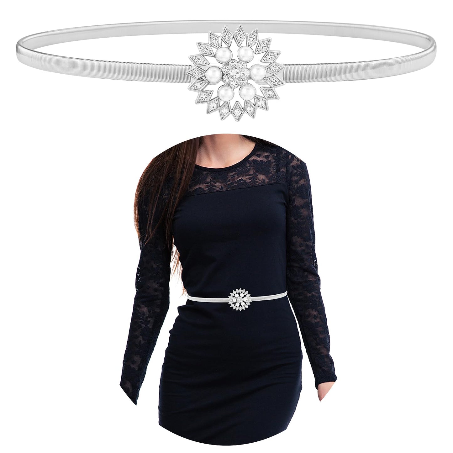GEEHUA Women Elastic Metal Belt, Stretch Chain Belt Ladies Skinny Waist Belts Silver Rhinestone Belt Waist Belt for Dress(Style-B)