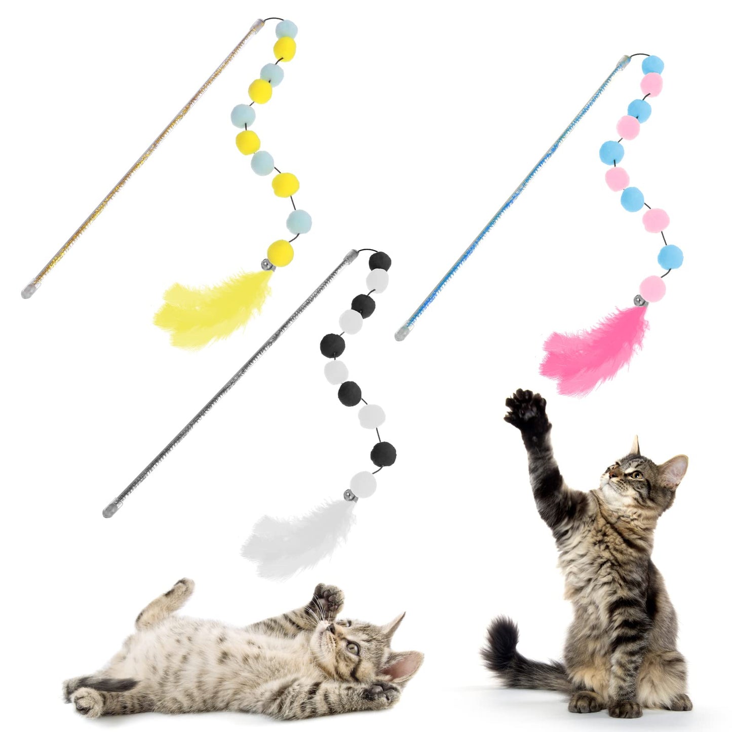 TIESOME Cat Wand, 3Pcs Cat Feather Toys Interactive Cat Toys with Bell for Indoor Cats Adult Kitten Funny Cat Balls Stick Cat Toy Set Kitten Toy for Cat Playing Exercising and Training