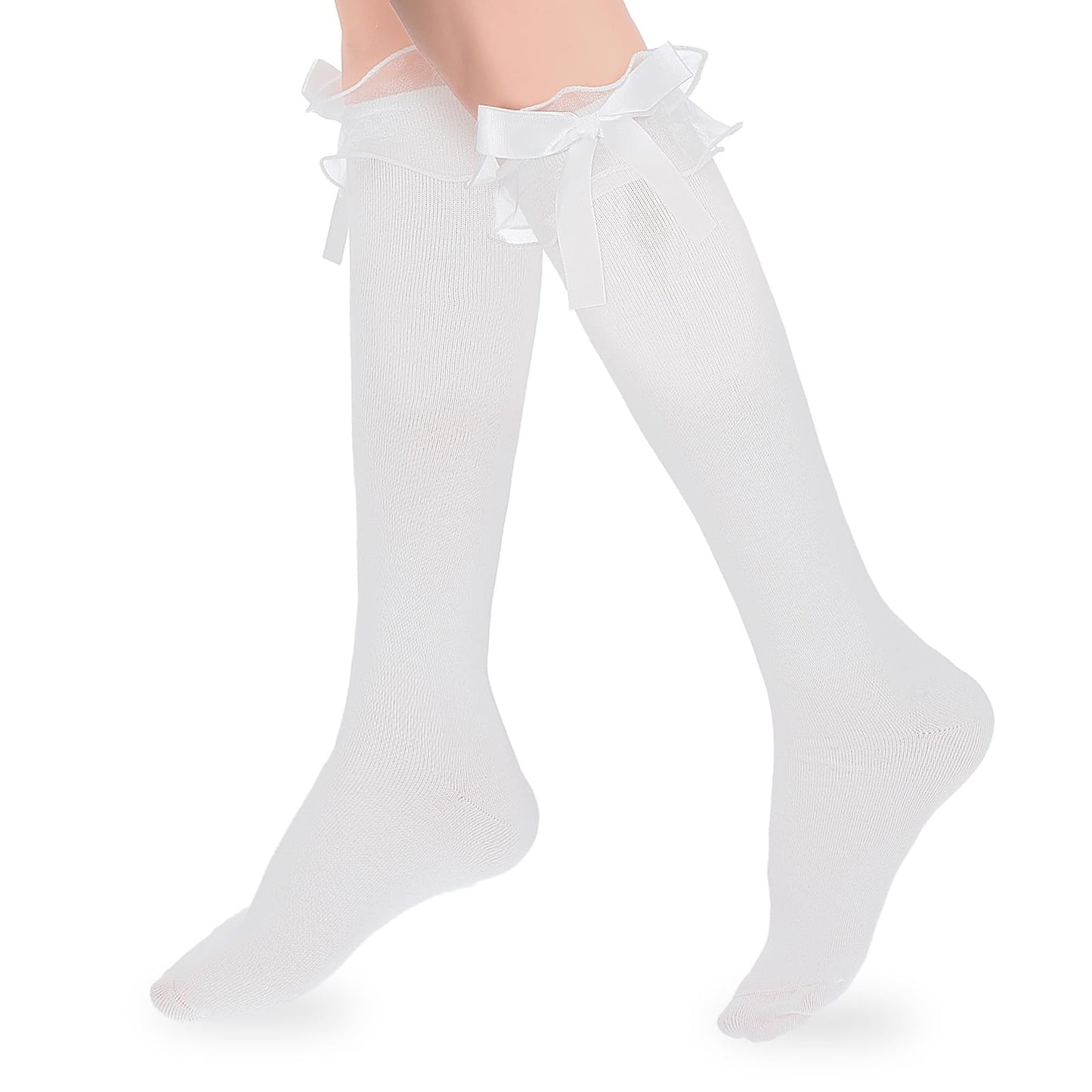 XLIUAX White Ruffle Socks, Cotton Knee High Girls Lolita Socks with Bow, Kawaii Goth Lolita Sock Gift for Women Daily Wear School Dating Dance
