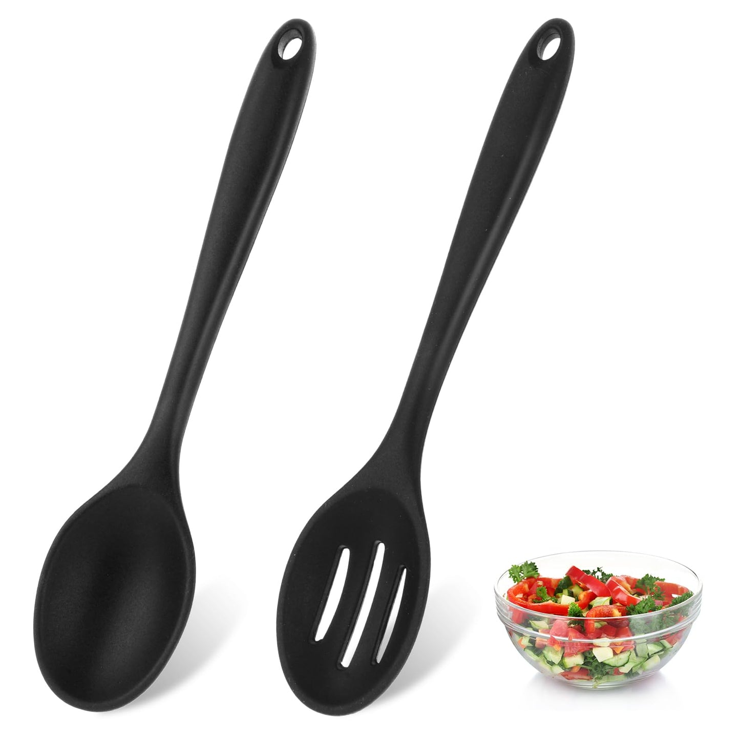 Giantree 2 Pcs Black Nonstick Silicone Spoons, Heat Resistant Kitchen Spoons Small Silicone Spoons Dishwasher Safe for Baking, Frying, Flipping, Mixing, and So on(1 dense spoon and 1 leaking spoon)
