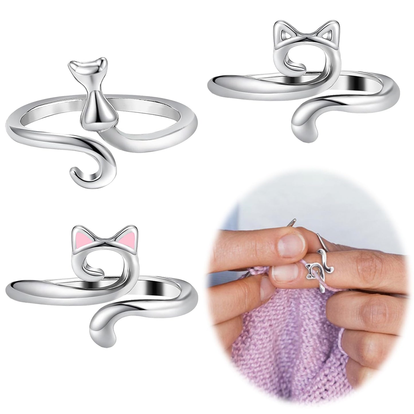 Giantree 3 Pcs Knit Crochet Rings for Finger, Cute Cat Shape Crochet Rings Adjustable Knit Loop Crochet Ring Thread Guide for Crafts Hand Weaving Hook Line Supplies Knit Crochet Loop Accessories