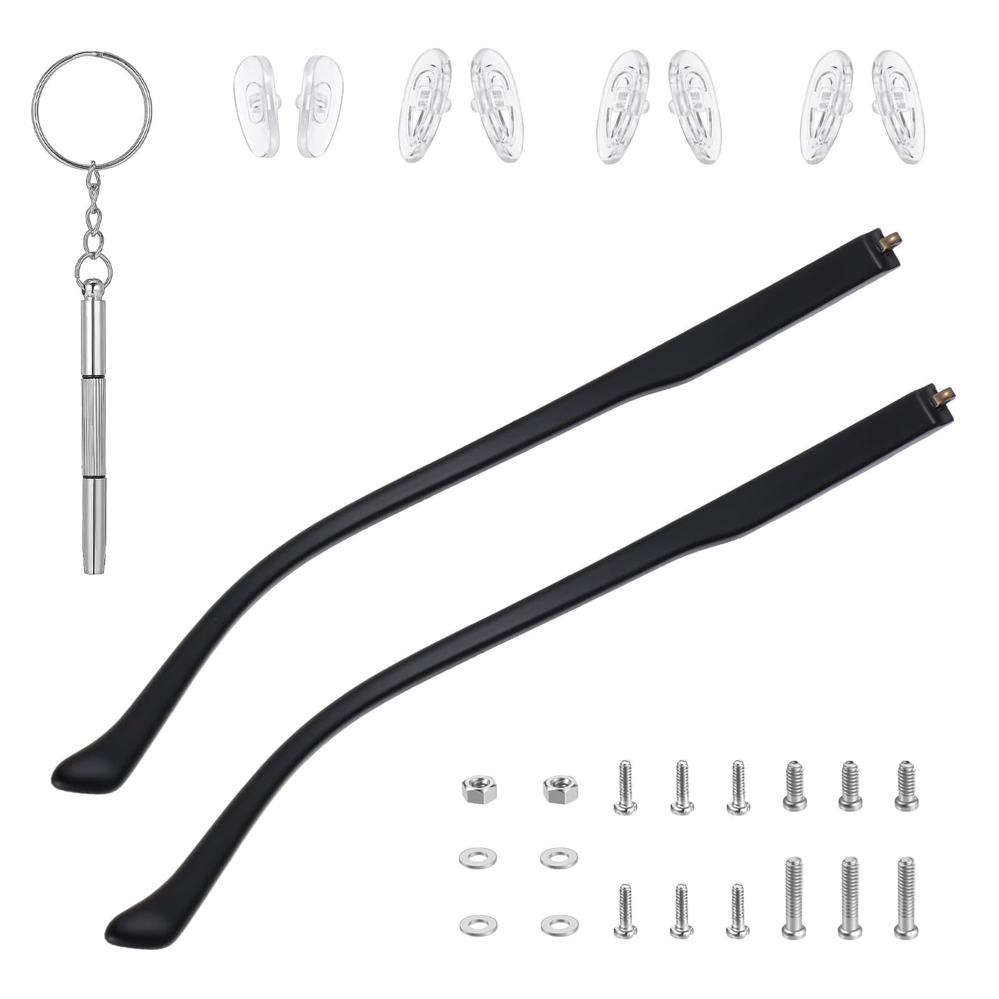 DOPENSPI 1 Pair Glasses Arm Replacement, Black Eyeglasses Repair Kit with Screws Washers Screwdriver Nose Pads Eyeglass Arms Replacement Temple Arms 6mm for Glass Sunglasses Convex Single Teeth 1.2mm