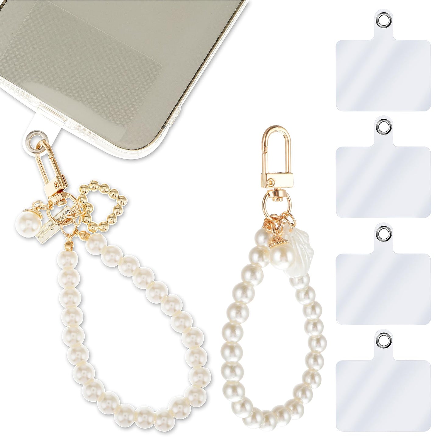 Andibro 2 Pcs Pearl Phone Lanyard, Anti-Lost Beaded Phone Charm Detachable Phone Wrist Strap Phone Chain Lanyards Mobile Phone Strap Grip with 4pcs Tether Tabs Compatible with Most Cell Phone Case