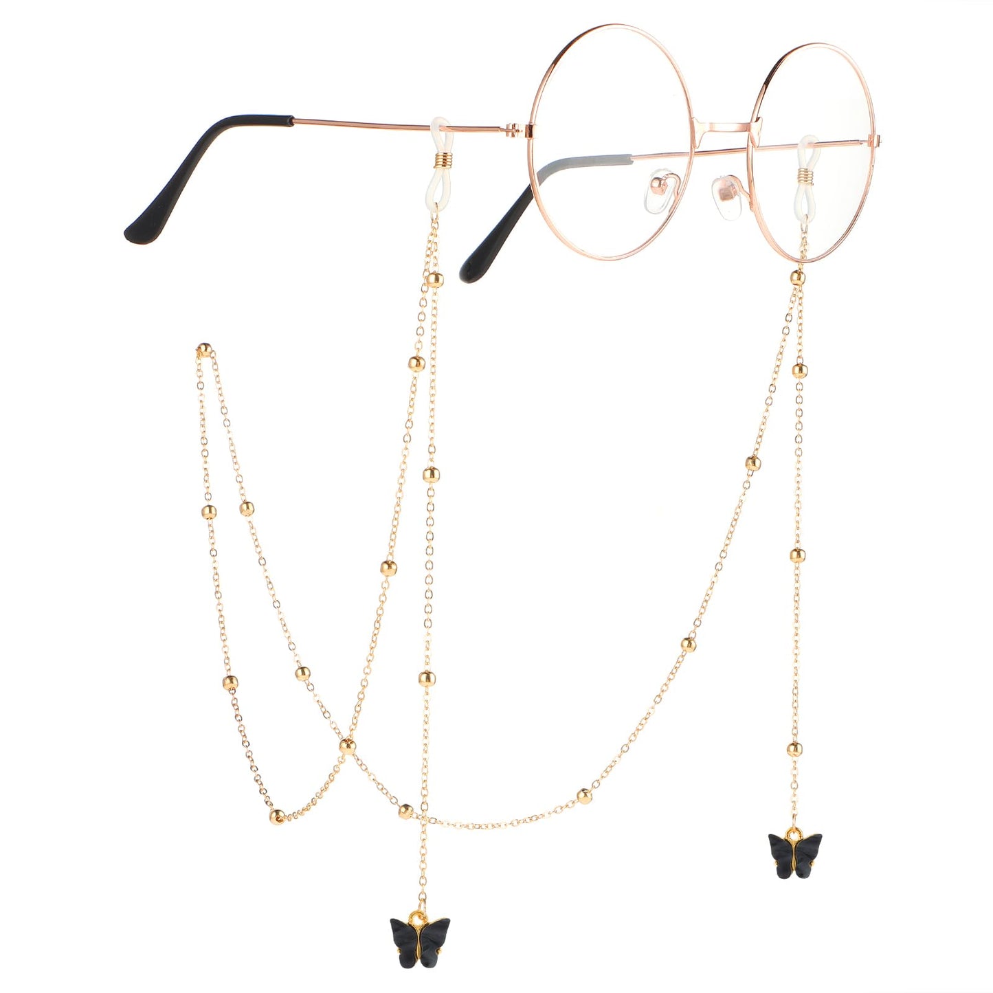 Yuanchu Fashion Glasses Chain, 37 Inch Butterfly Glasses Strap Holder with Golden Beads, Mask Strap with Golden Beads, Glasses Strap for Reading Glasses, Sunglasses for Women, black, 37 inch