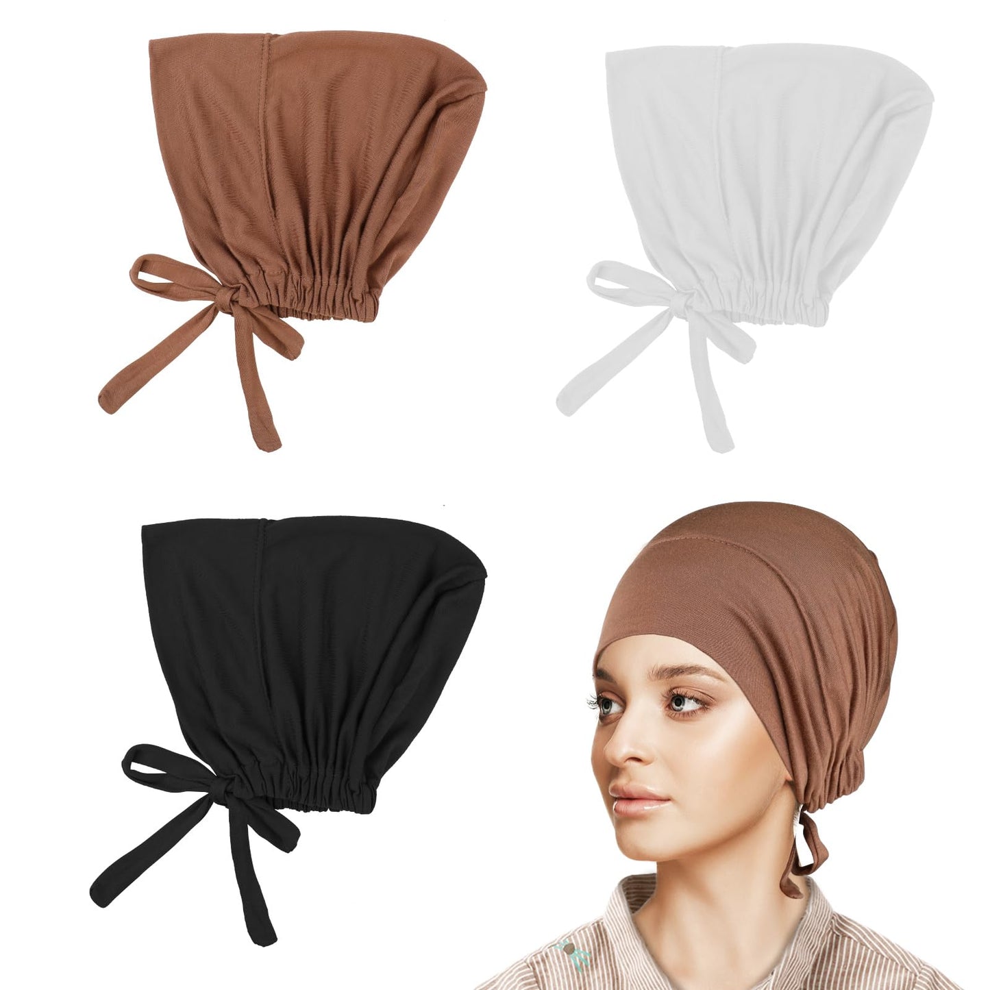 Molain Hijab Underscarves for Women, 3Pcs Muslim Hijab Turban Elastic Breathable Headscarves Universal Hijab Cap with Tie-Back Closure