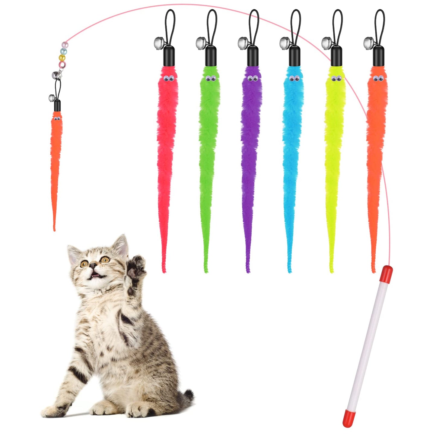 Cobee Cat Toys Wand Replacement, 6pcs Furry Tail Worms with Bells + Cat Fishing Pole Toy, Cat Wand Toy Replacement Refills, Assorted Teaser Refills with Bell for Cat Kitten