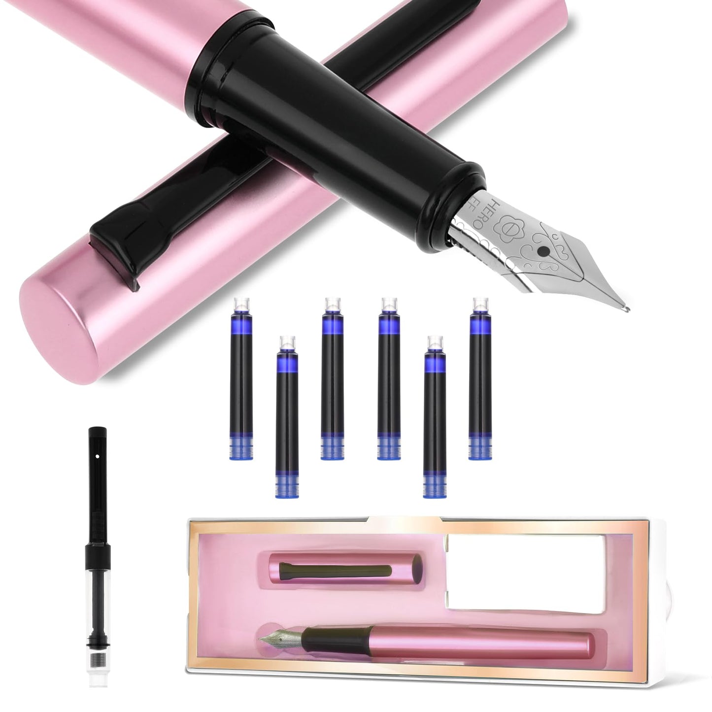 cobee Fountain Pen Set, Metal Fountain Pen+2 Ink Refill Converter+6 Ink Cartridges with Luxury Box 0.38mm Extra Fine Point Smooth Writing Calligraphy Pens for Journaling School Office Gift (Pink)