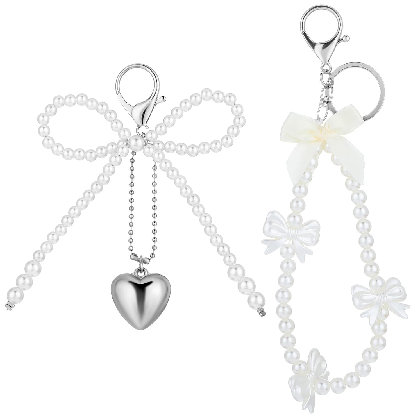 AOZUO 2 Pieces Pearl Bow Keychains for Women, Bag Pendant Aesthetic Y2K Bow Keychain, Bag Charm, Cute Pearl Bow Key Ring for Purse, White, 19cm/7.48in