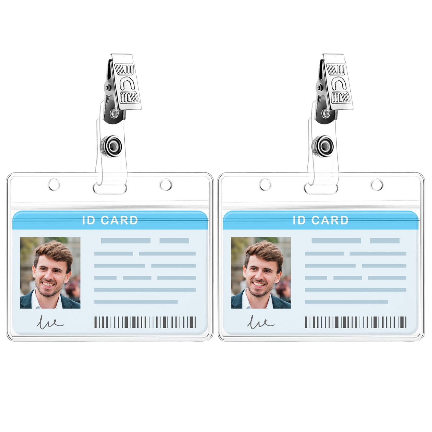Amaxiu Clear ID Badge Holder with Metal Badge Clips, 2 Pack Soft Plastic Badge Card Sleeves Waterproof Credit Card Protector Transparent Name Card Case for Nurses Office School (Horizontal)