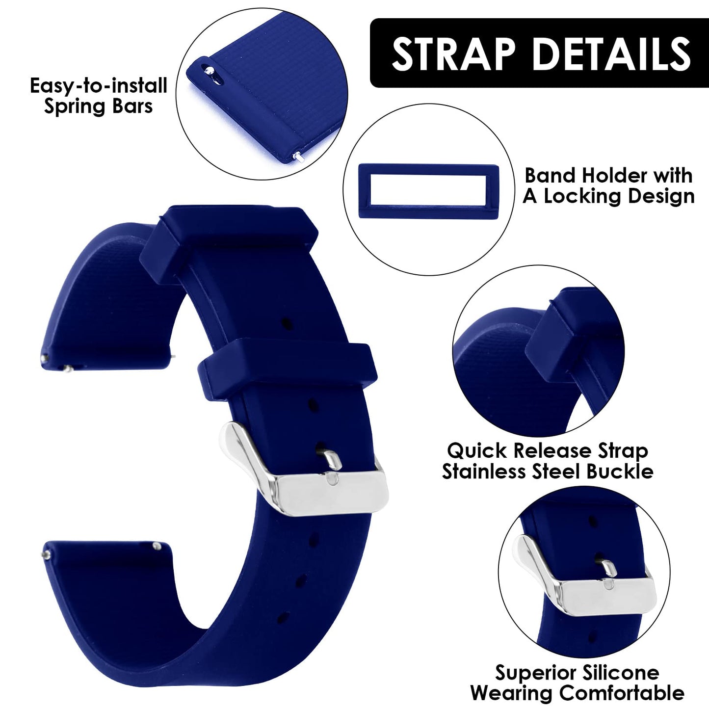 cobee Silicone Watch Bands for Men Women, Quick Release Watch Strap Soft Rubber Waterproof Sport Watch Band Replacement Straps with Metal Buckle(20 mm, Blue)