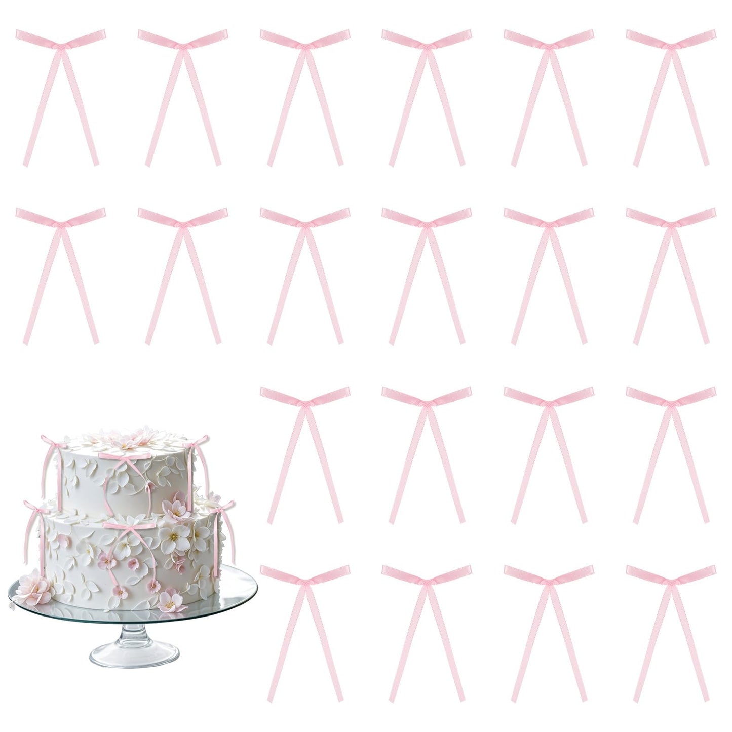 Yuanchu Pack of 20 Cake Decorations with Bow, Black Bow Cake Decoration Birthday Cake Decoration Ribbon Bows Cake Decoration Cake Topper Wedding Cake Decoration for Valentine's Day Wedding (Pink)