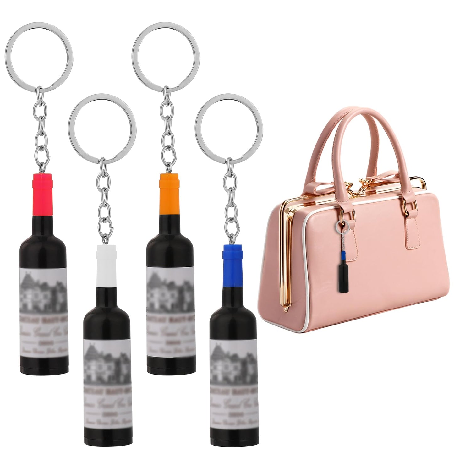 TIESOME 4 Pcs Mini Wine Bottles Keychain Champagne Set, Doll Toy Bottles Red Wine Bottle Mini Food Mini House Drink Accessories for Decoration Party Decoration Mobile Key Wallet