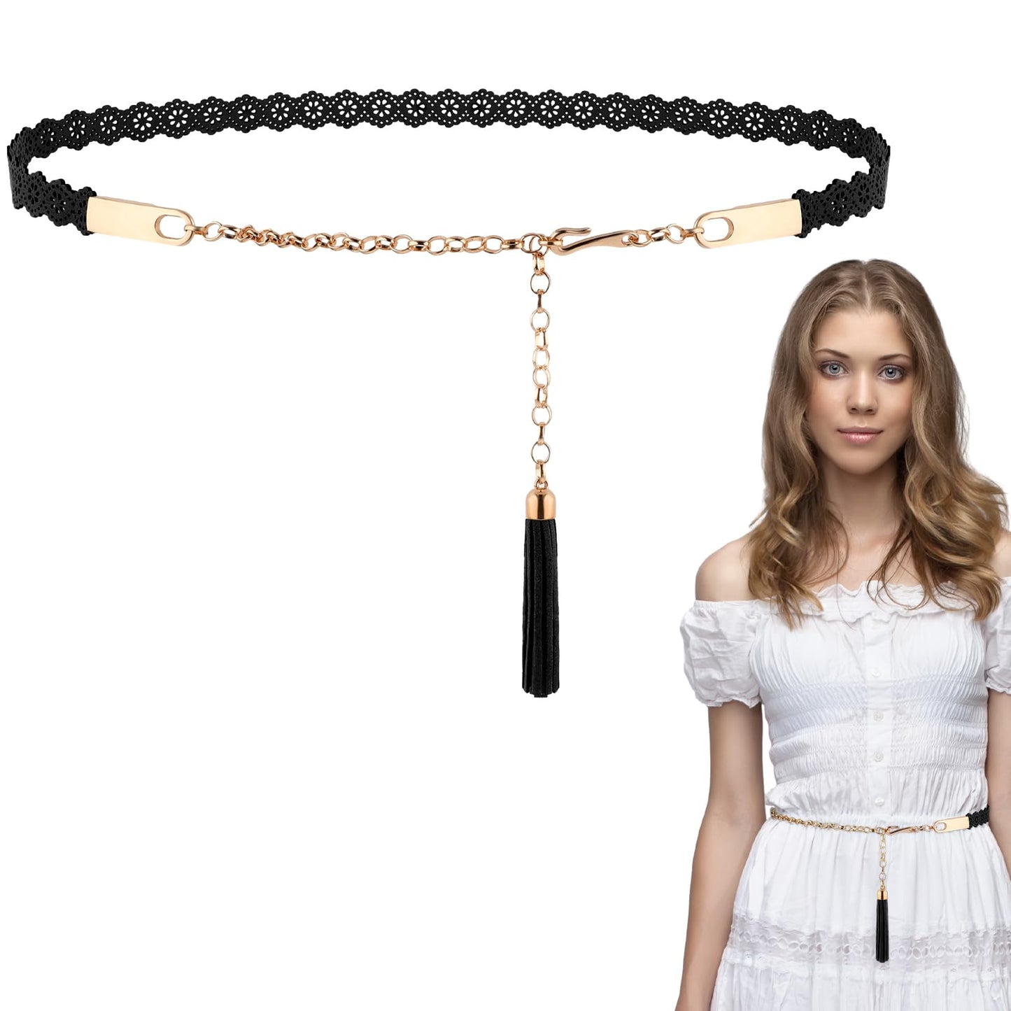 TIESOME Women's Metal Tassel Waist Belt, Skinny Metal Hook Chain Belt Waist Dress Skirt Belt Boho Ethnic Style Belt for Women Girls Godness (Black)