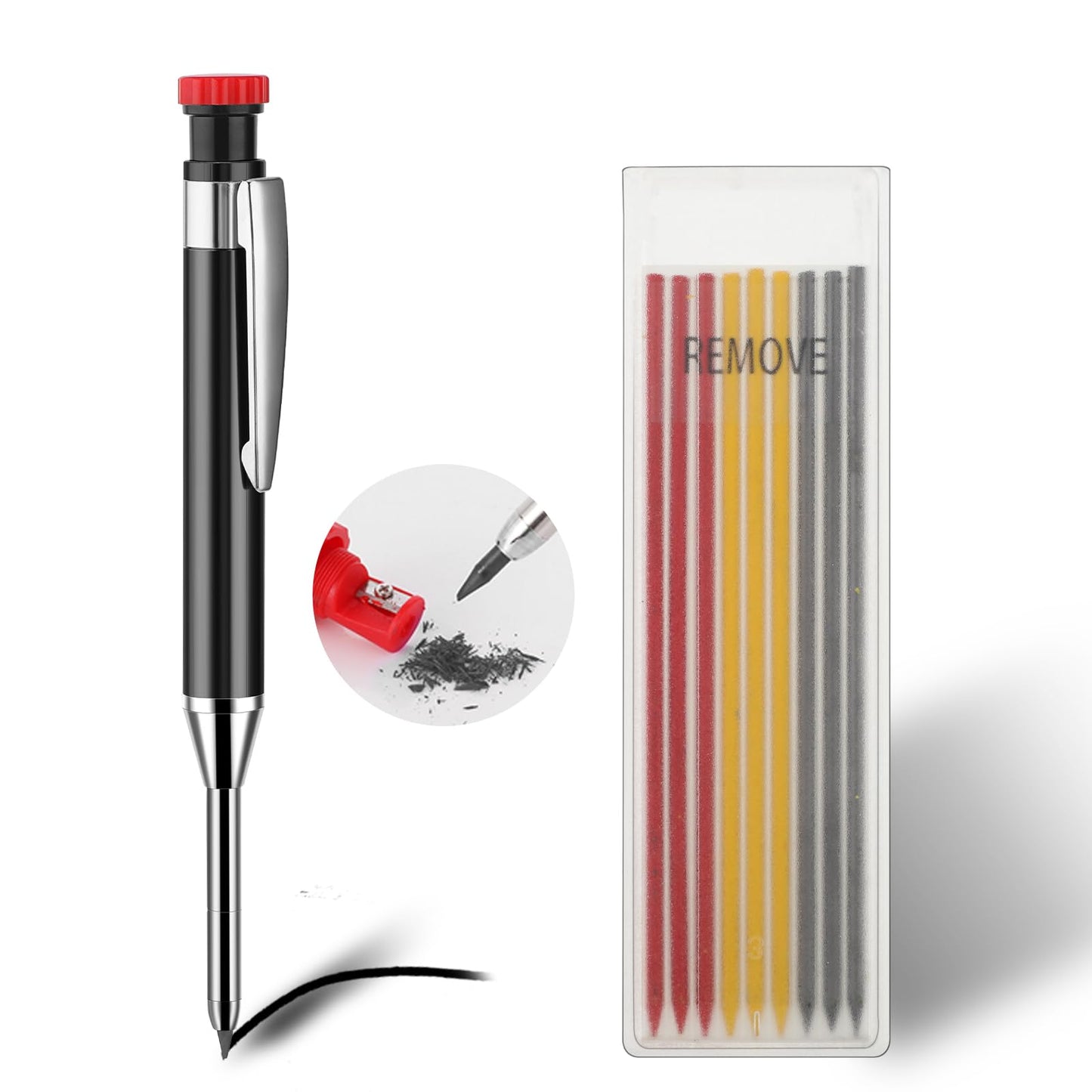 Amabro Mechanical Carpenter Pencils with 9 Refills, Solid Woodworking Pencils with Built-in Sharpener Deep Hole Marking Automatic Pencil Tools Heavy Duty Scriber for Architect Construction(Black)