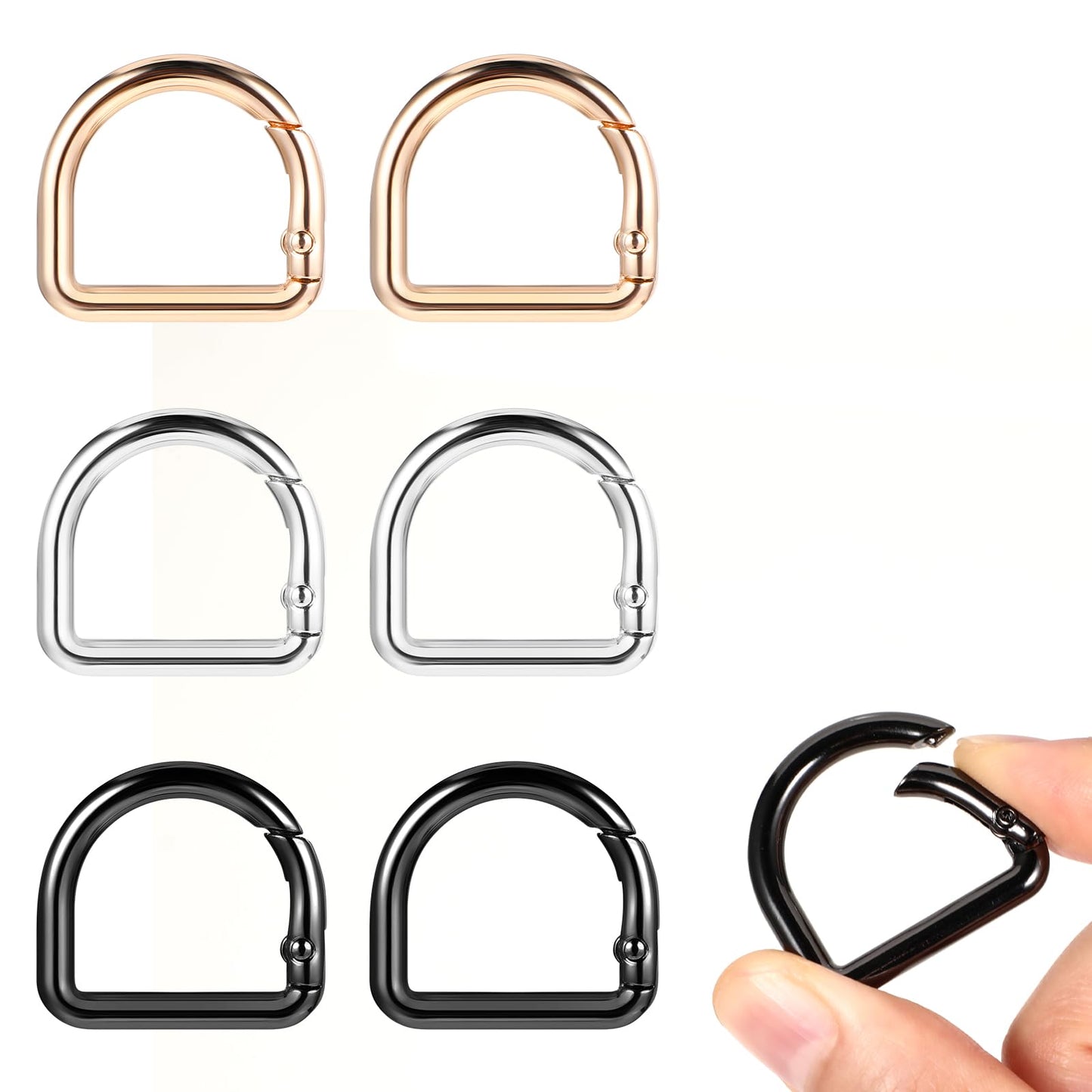 Amabro 6PCS D Ring Spring Key Hooks, 1inch Keyring Clip Buckles Multicolor D Ring Buckle for Purse Keychain Hardware Pets Collar Accessories, Gold,silver,black, 3x2.76cm/1.18x1in