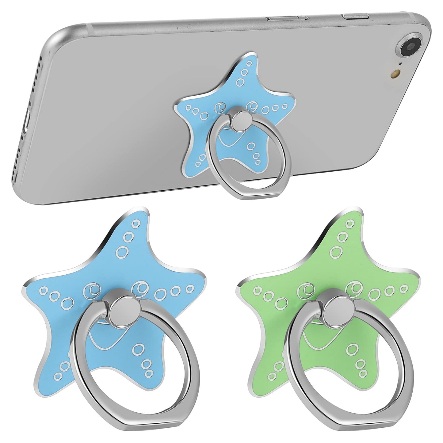 TIESOME 2Pcs Cell Phone Ring Stand Holder, Cute Animal Pattern Painted Metal Finger Stand Kickstand 360°Rotation Phone Ring Holder Stand Ring Hand Grip with Knob Loop (Starfish-Blue Green)