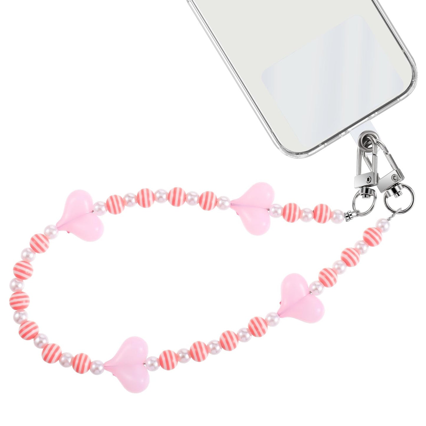 Amabro Beaded Phone Wrist Strap, Anti-Lost Pink Cute Cellphone Hands Free Lanyard Phone Wristlet with 2pcs Tether Pads for Women Girls Wallet Keychain Camera Bracelet Aesthetic Decor Accessories