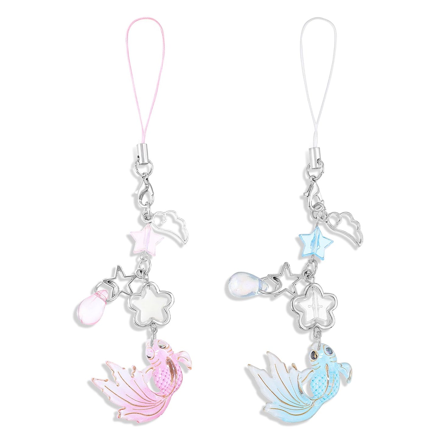 Yuanchu Cute Phone Charms, 2Pcs Aesthetic Carp Mobile Phone Charms Strap Rhinestones Star Cellphone Lanyard for Women Girl Keychain Backpack Wallet Camera Pendants Decor, man-made rhinestone