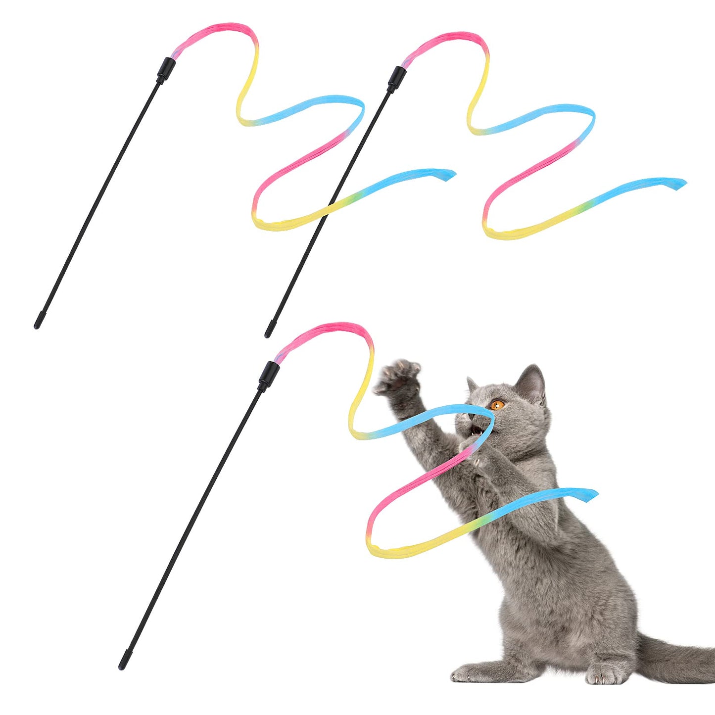 cobee Cat Interactive Rainbow Wand Toys, 3 Pcs Kitten Wand Toys Small Cat Rainbow String Interactive Toys Rainbow Ribbon Cat Wand for Cat Training Cat Wand Cat Exerciser Training(30cm)