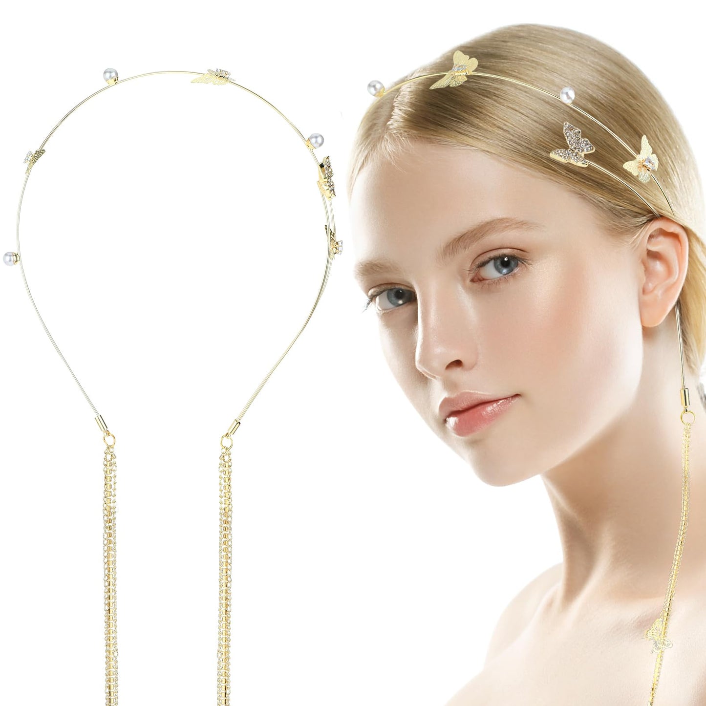 TIESOME Wedding Butterfly Headband for Women, Shinny Rhinestone Tassel Head Chain Crystal Pearl Headpieces Decorative Elegant Headwear Hair Hoop Band Headdress Hair Accessories for Women Girls