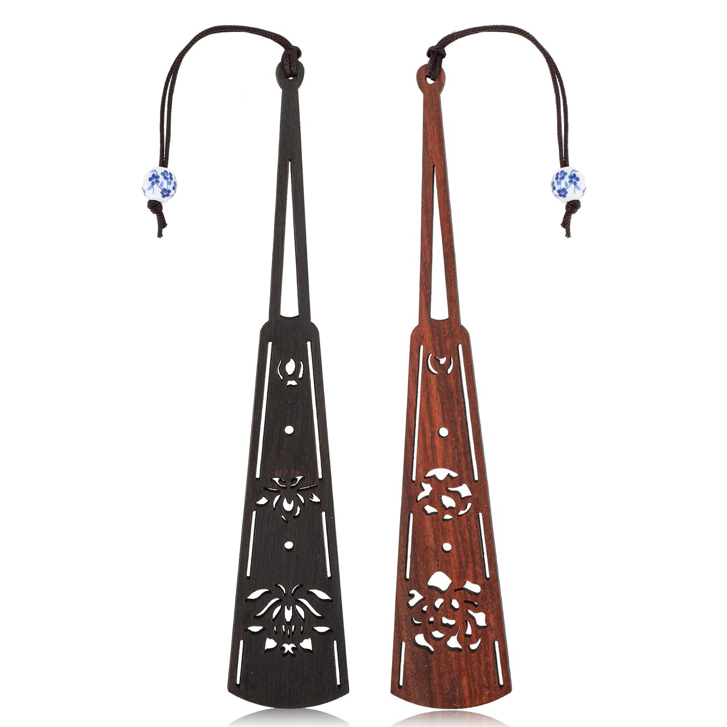 Amaxiu 2 Pcs Vintage Handmade Wooden Bookmark, Fan Shape Book Marks Valentines Day Gifts with Blue White Porcelain Pendant for Book Lovers Wedding Anniversary Men Women Gift(A)