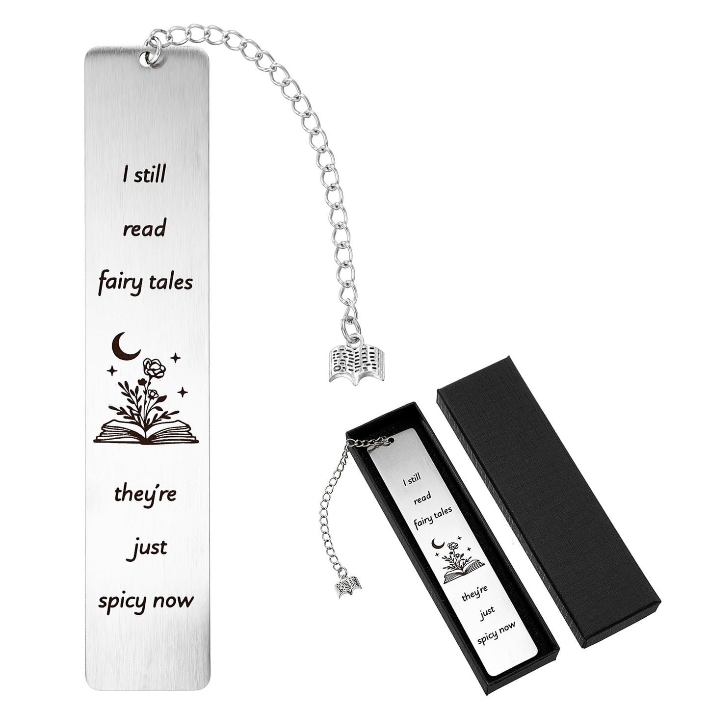 Yuanchu Funny Bookmark for Women, "I still read fairy tales" Stainless Steel Bookmark with Gift Box Tassel for Book Lovers Book Nerds Son Daughter Men Friend Teacher Bookworm (Silver)