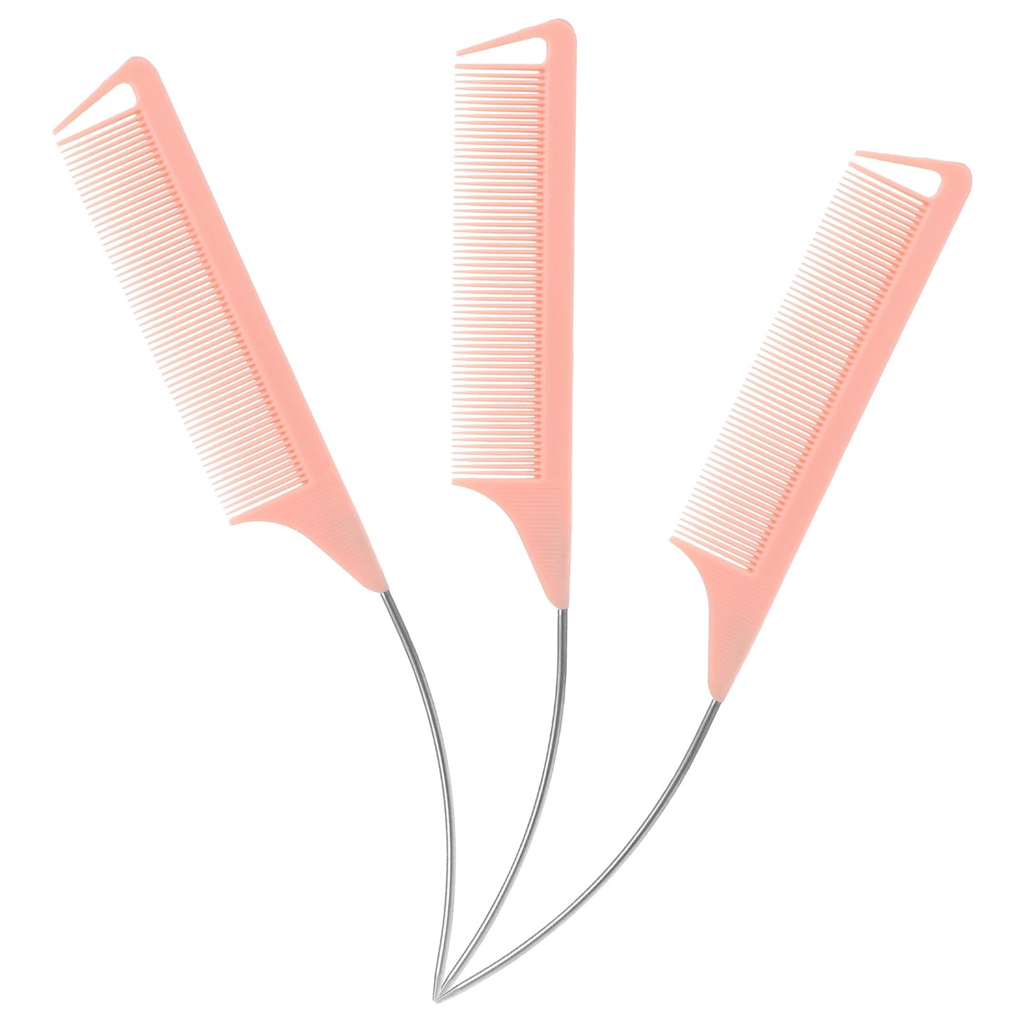 Giantree 3 Pcs Curved Rat Tail Combs, Rat Tail Parting Comb Carbon Fiber Long Steel Pin Teasing Rat Tail Comb for Hair Styling Hair Parting Tools for Women(Pink)