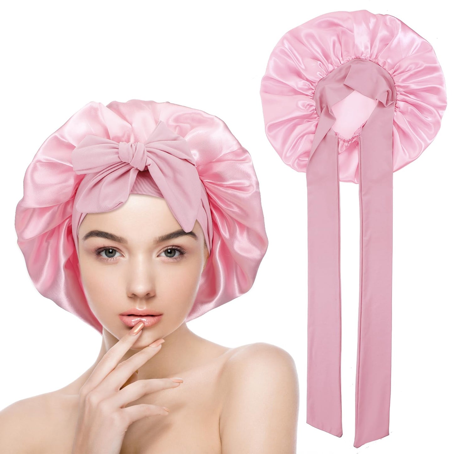 Yuanchu Silk Bonnet Satin Sleep Cap for Night for Women Adjustable Sleeping Cap Soft Head Cap Sleep Cap Silk with Elastic Band for Women and Girls, Red-wine, One Size