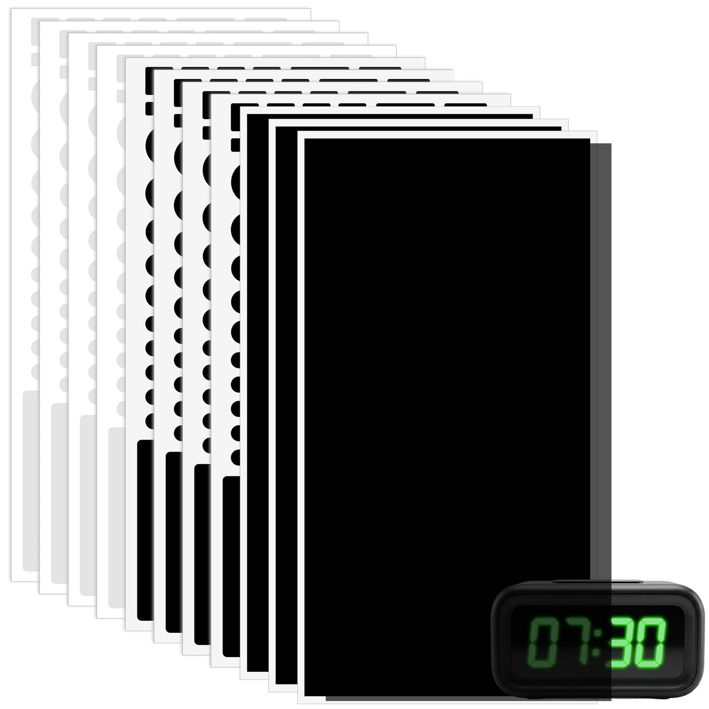 Amabro 12 Sheets Blackout Stickers for Electronics Light, Blocking Stickers LED Cover Filters Dimming 50~93% of LED Lights for Alarm Clock Radio Cable Box, White and Black(8 Cut Out + 4 Uncut)