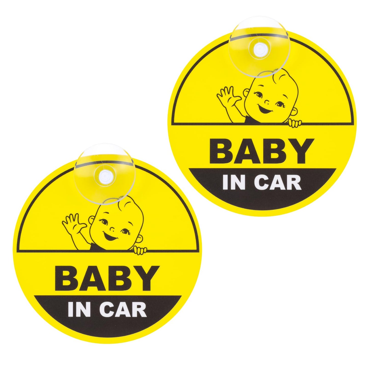 GEEHUA Baby in Car Signs, 2 PCS 5"x5" Safety Warning Car Sign Stickers with Suction Cup Baby on Board Sticker Marks for Car Window Reflective Durable Decal Baby Waving Sign