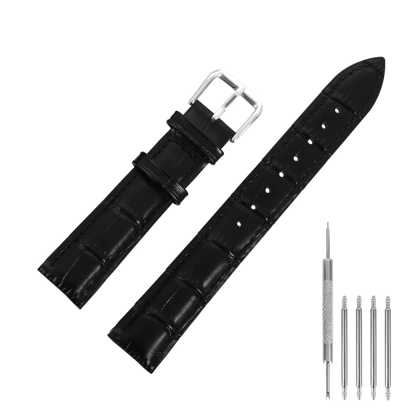 cobee Leather Watch Straps, Soft Black Alligator Embossed Watch Bands Replacement, Leather Replacement Watch Band for Men and Women, Smart Watches Wristbands Sport Watches Bracelet Clasp(18mm Ear Pin)