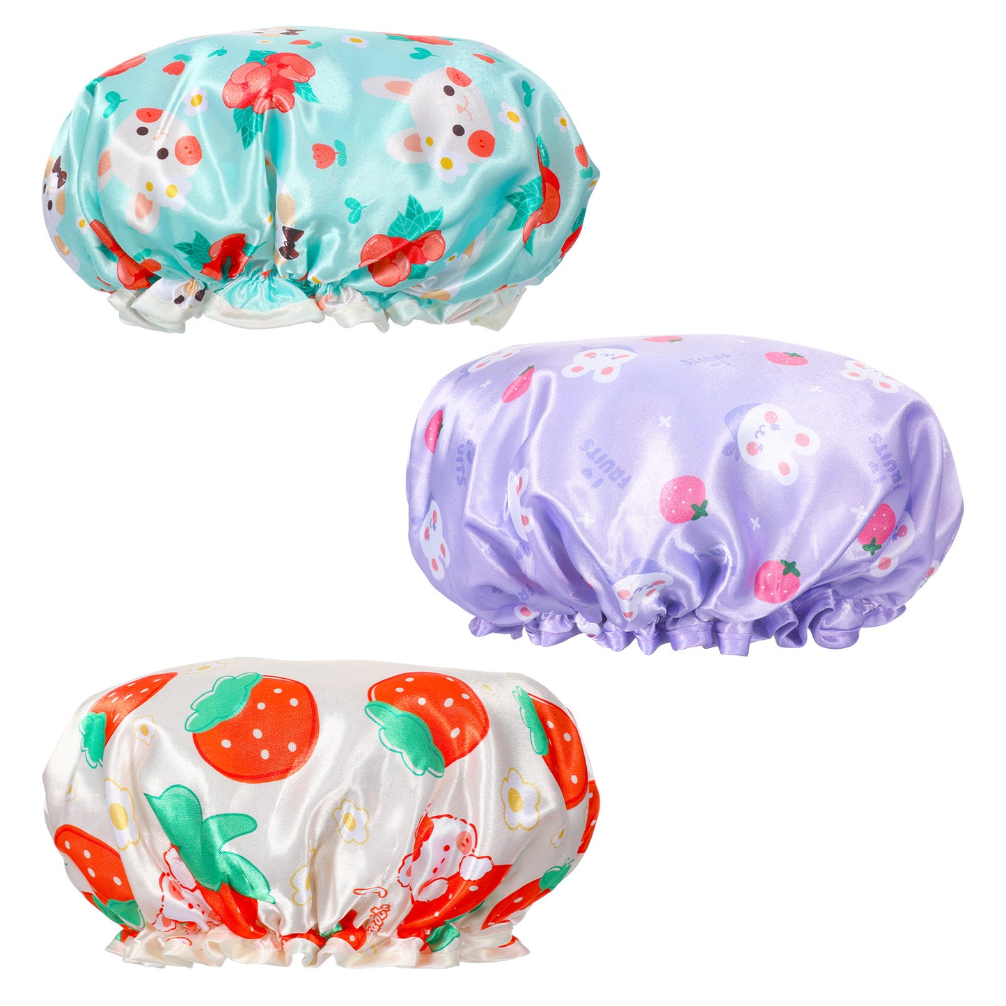Jeffdad Kids Shower Caps, 3 PCS Toddler Cute Shower Cap Double Layers Shower Caps Cute Rabbit Bonnets Elastic Band Bonnet Satin and Eva Soft Kids Sleeping Cap Reusable Shower Cap