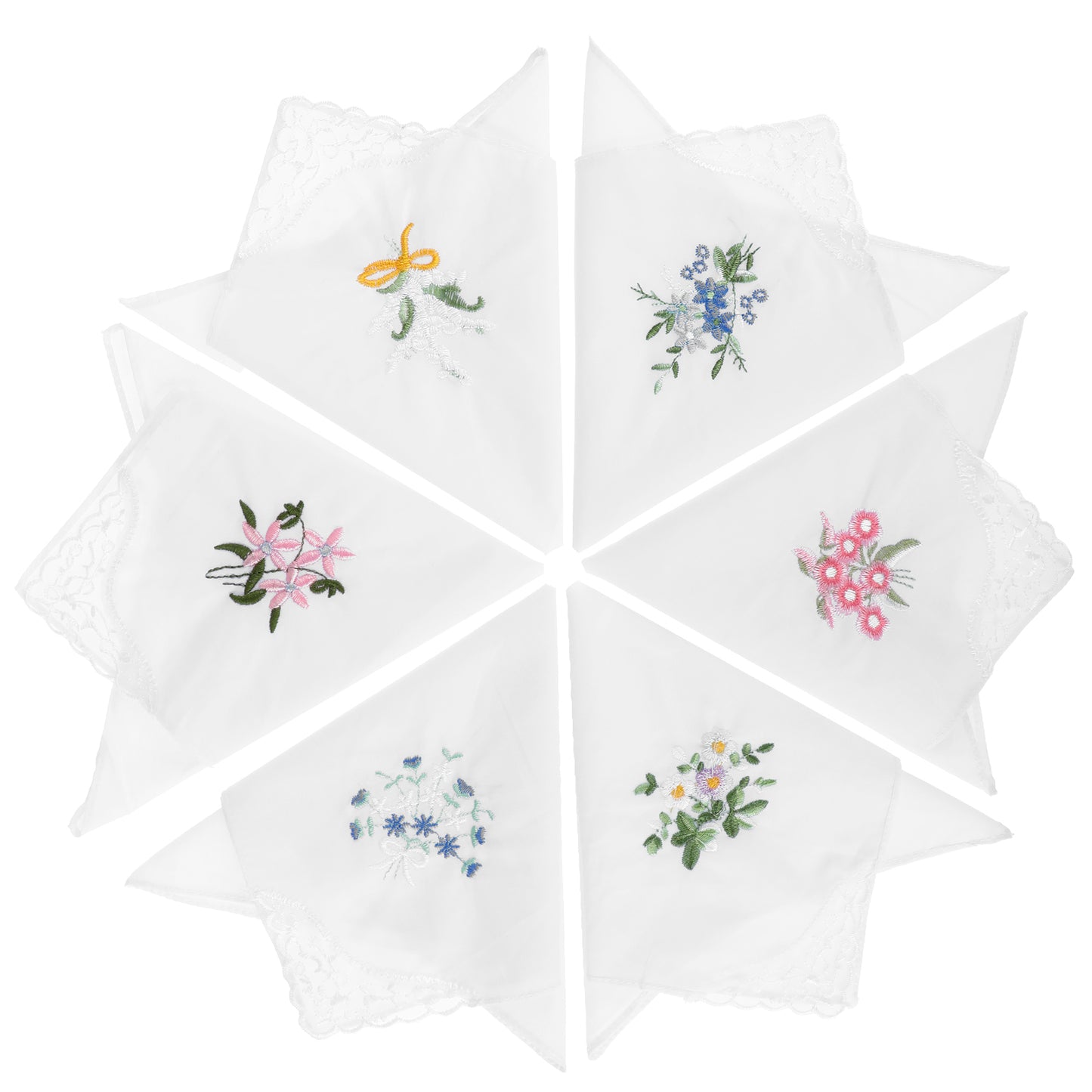 JJUNW 6 Pack Ladies Cotton Handkerchiefs Flower Embroidered wif Lace Ladies Vintage Handkerchiefs for Wedding Party(White)