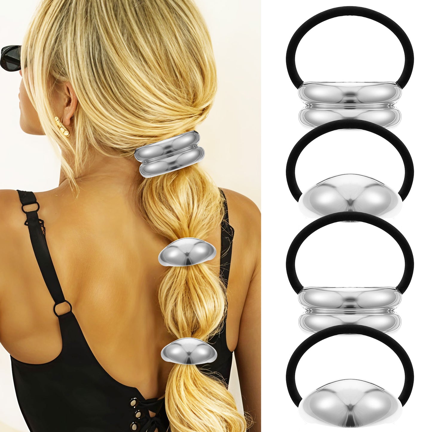 Yuanchu Metal Hair Ties, 4 PCS Metal Gold Hair Cuffs for Ponytails Geometric Elastic Ties Accessories Glossy Arch Wrap Women(Silver)