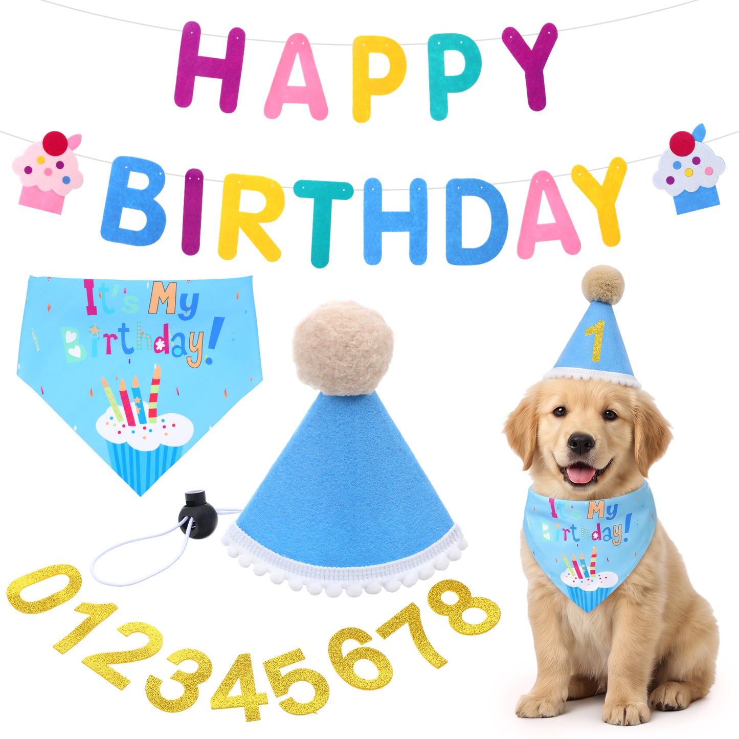 Cobee Dog Birthday Bandana Hat Set, Adjustable Pet Party Hat with Triangle Scarf Number Stickers Reusable Dog Birthday Costume Accessories