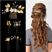 TIESOME 5 PCS Bridal Wedding Hair Pins, Gold Leaf Crystal Pearl Pins Flower Headpiece Vintage Hair Clips for Brides Bridesmaids Women