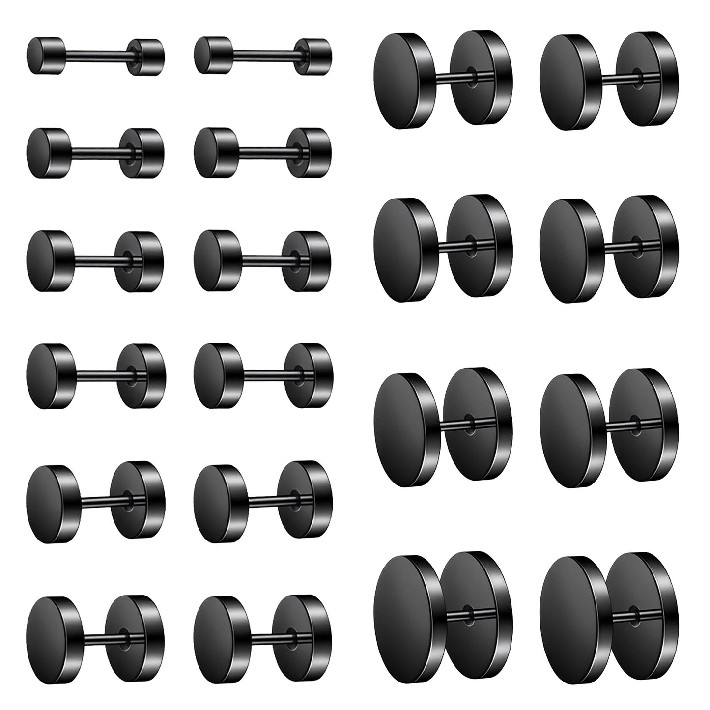Andibro 10 Pairs Black Stud Earrings for Men Women, Fake Gauge Earrings Faux Gauges Black Round Dot Ear Studs Set 3-14mm