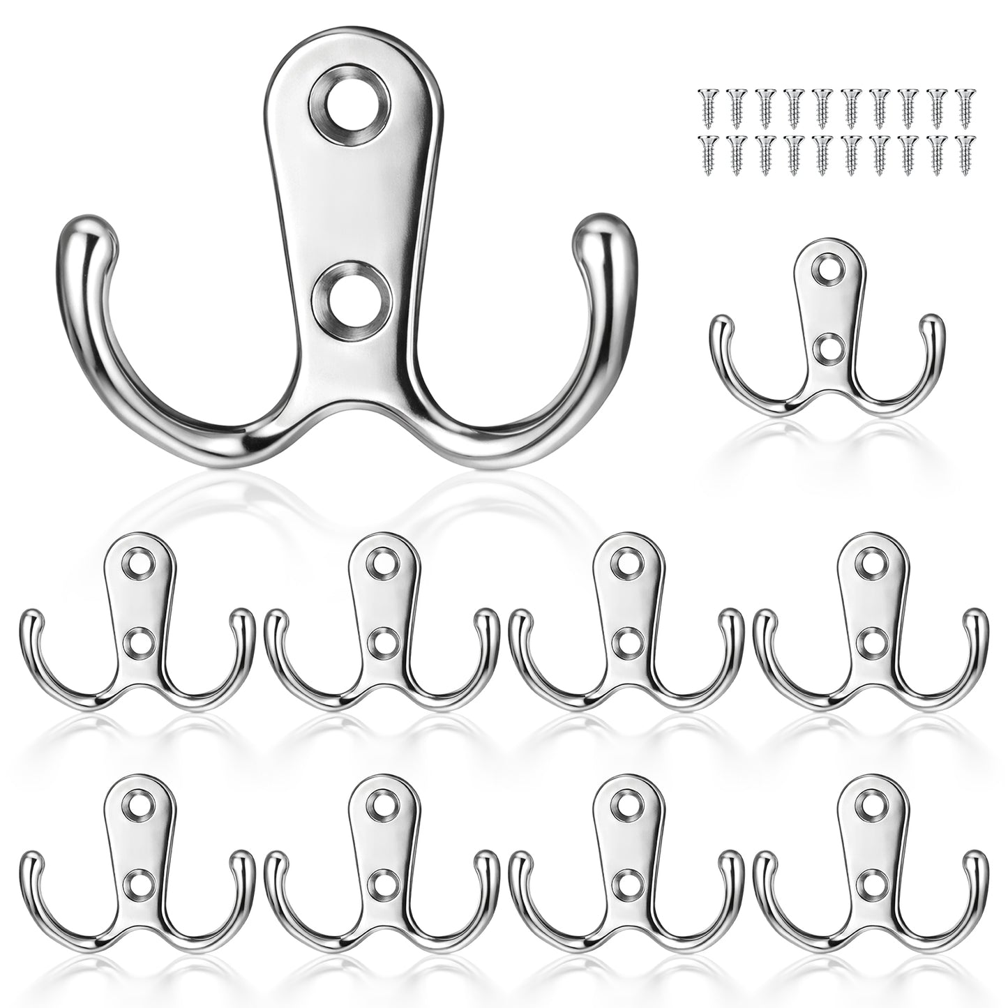 Cobee 10 Pcs Double Prong Robe Hooks, Dual Coat Hooks Cloth Hanger Metal Wall Mounted Door Hook Utility Hook for Bathroom Bedroom Kitchen Hanging Clothes Coat Bag Towel Key(Silver)