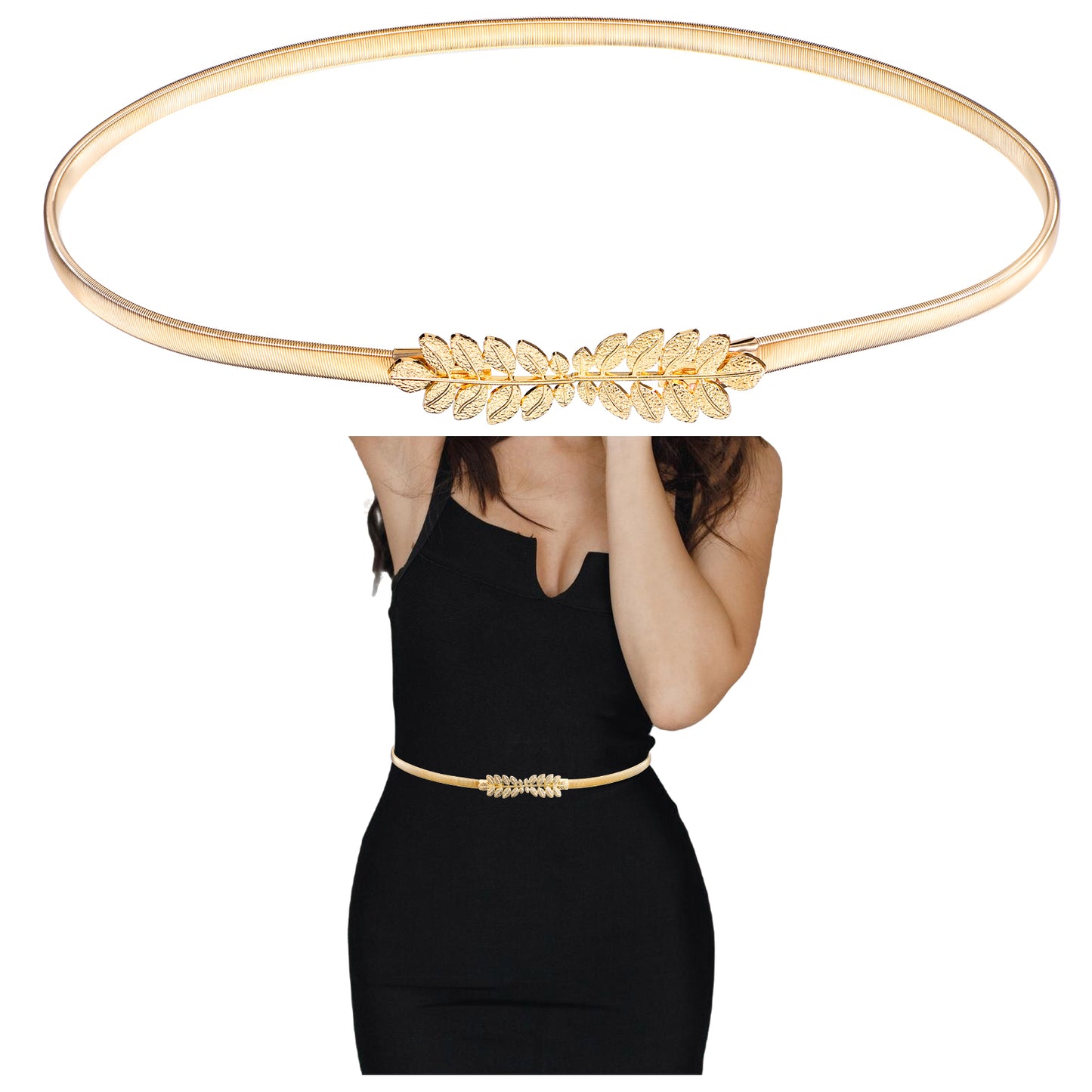 Yuanchu Women Elastic Skinny Waist Belt, Gold Ladies Belt Metal Thin Belt Women Dress Belt Versatile Stretch Chain Belt(Gold)